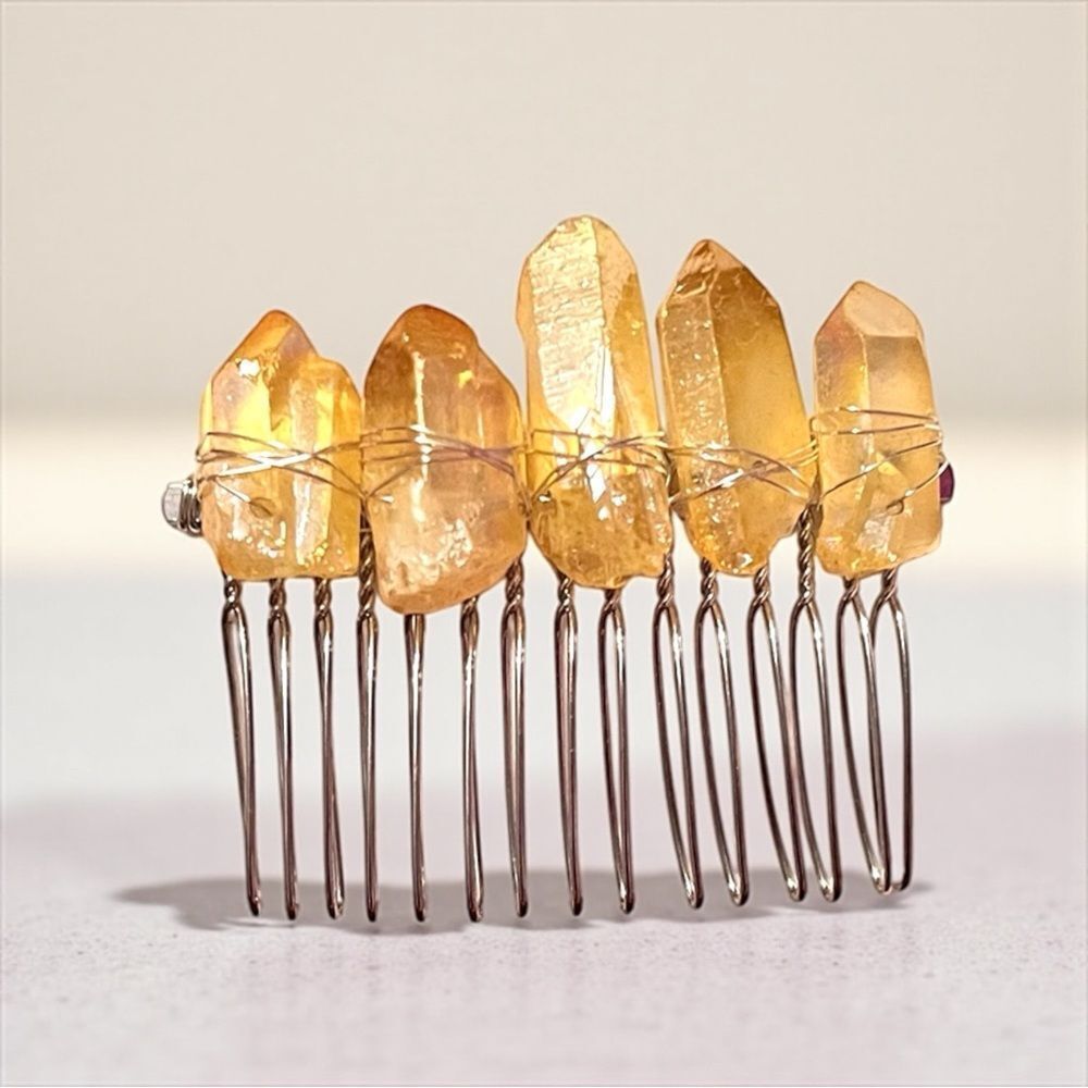 Handmade Genuine Yellow Quartz Crystal Hair Comb
